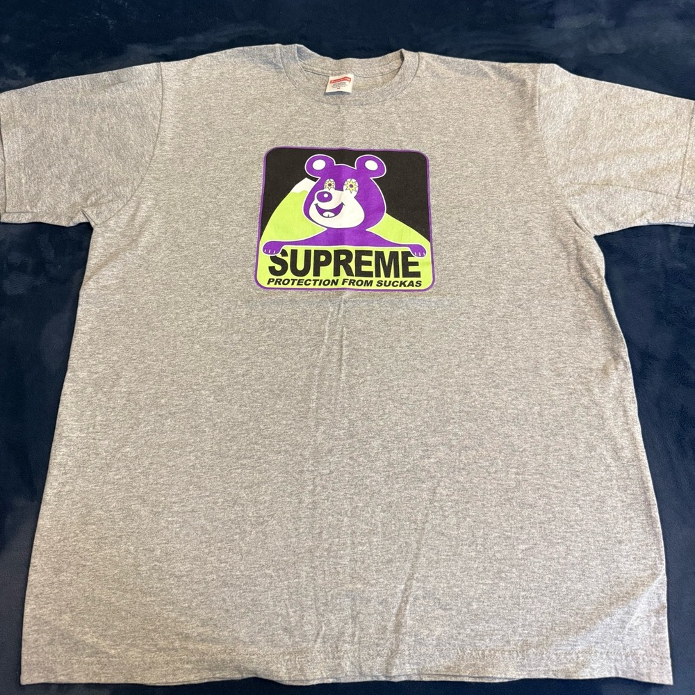 Supreme Gray Tee with Purple Bear Graphic